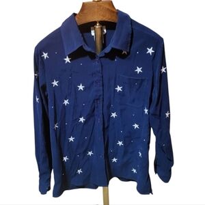 Quacker Factory Western Style Long Sleeve Blue Shirt With Stars Design Sz Large